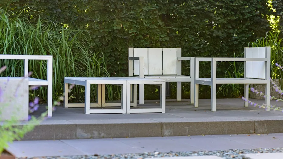 backyard nesting tables illuminated dusk