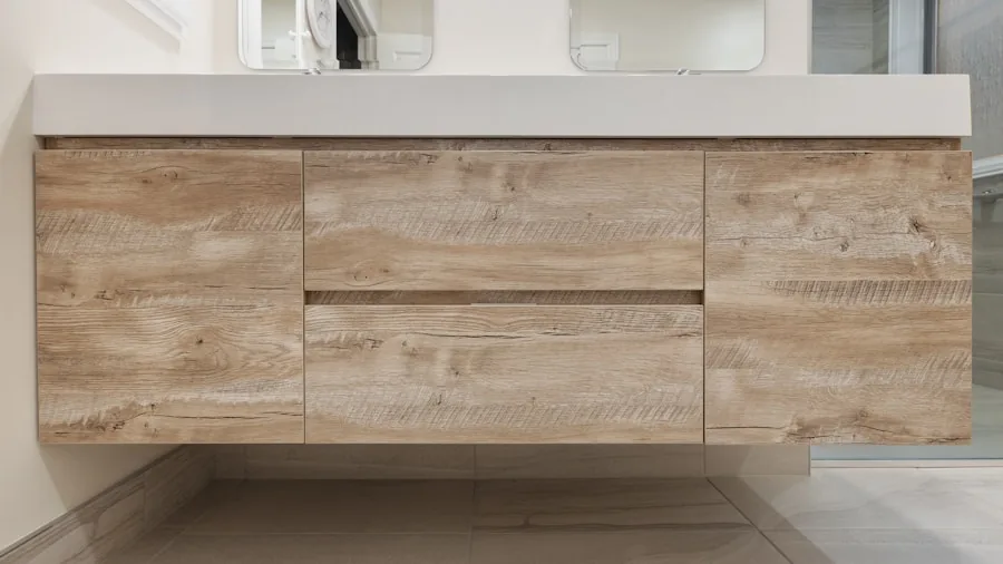 floating vanity with drawers and shelving