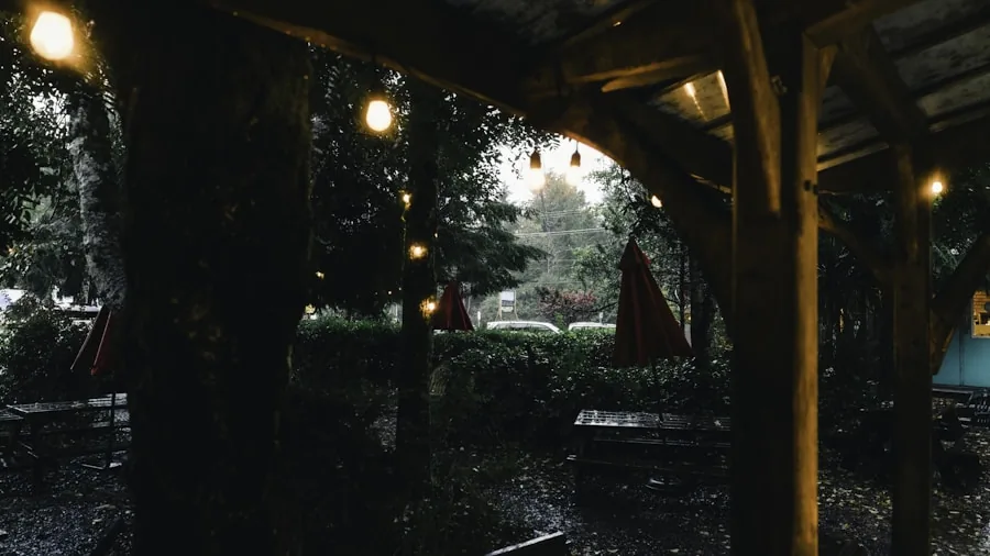 garden seating area lanterns twilight