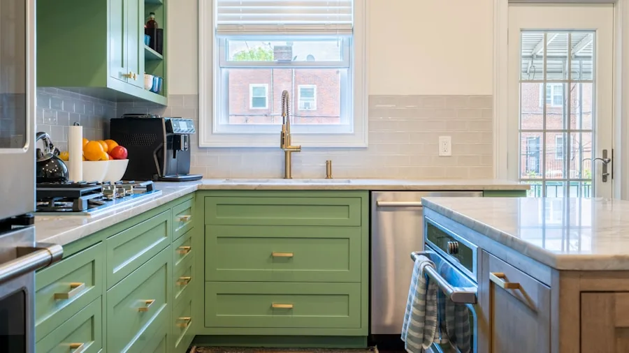 Budget Kitchen Makeover on a Shoestring Budget Delivers Maximum Color and Impact 2 green painted kitchen cabinets