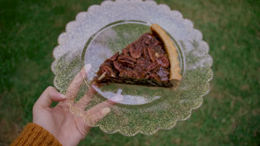 hands holding warm pie slice