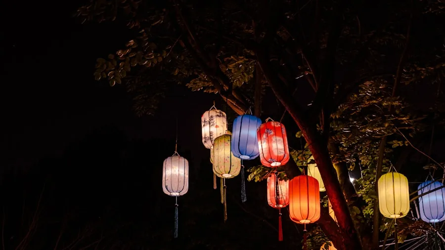 hanging lanterns tree branch evening