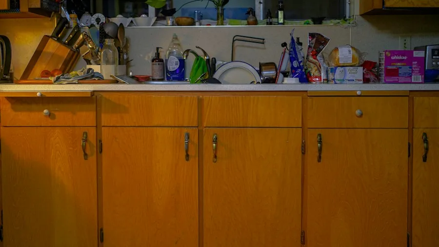 kitchen cabinet with cleaning supplies