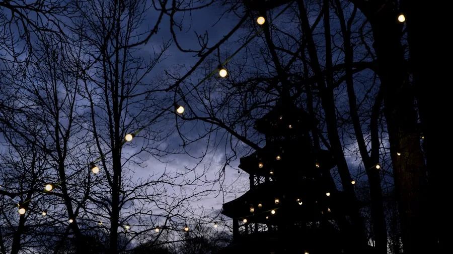 layered string lights garden trees