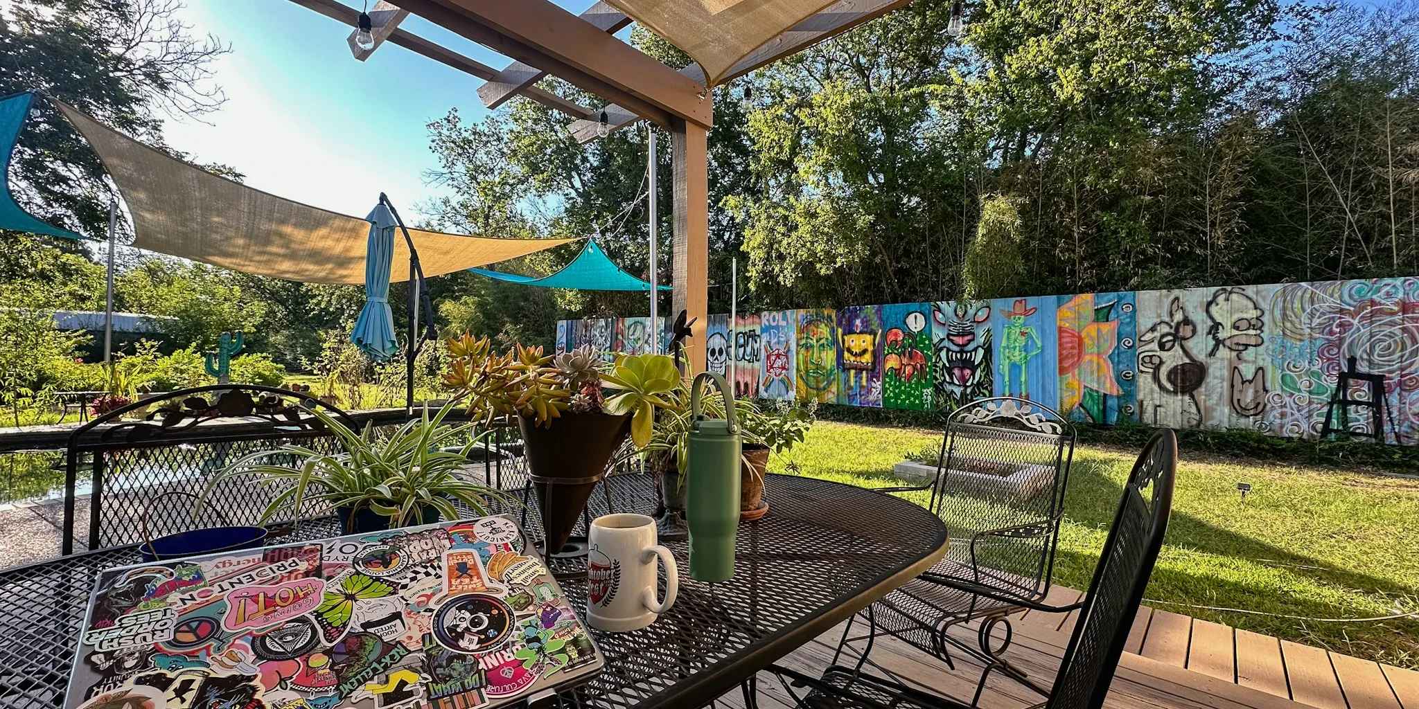 Shower Curtain Becomes Backyard Wall Art