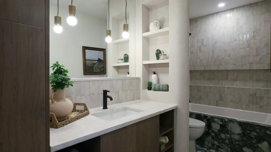 organized bathroom shelves plant decor