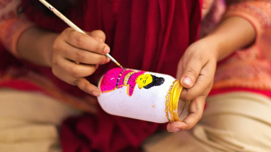 painted glass jar clay decoration